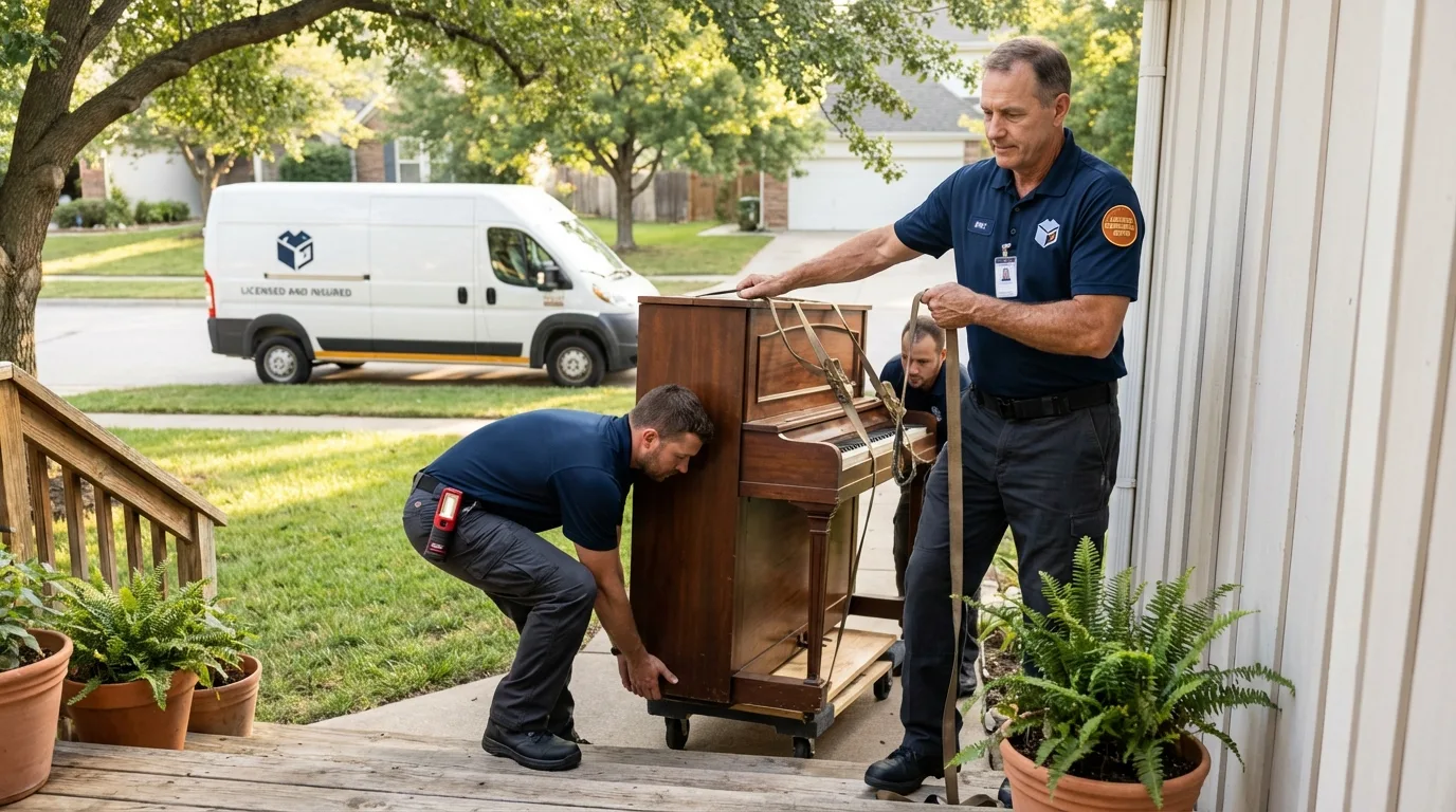 Licensed piano movers securing grand piano in Vandalia, OH
