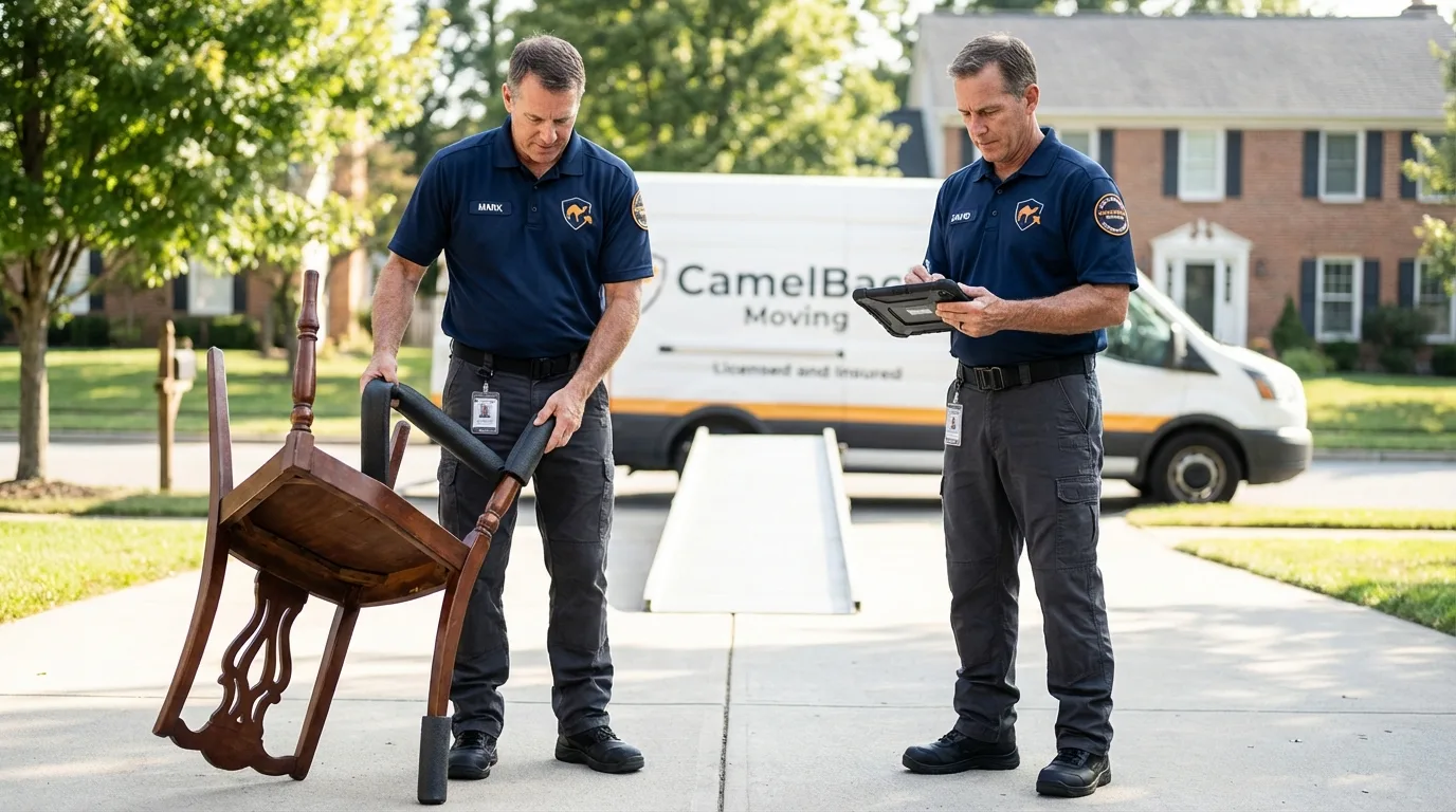 Movers inspecting furniture for damage prevention before loading in Vandalia, OH