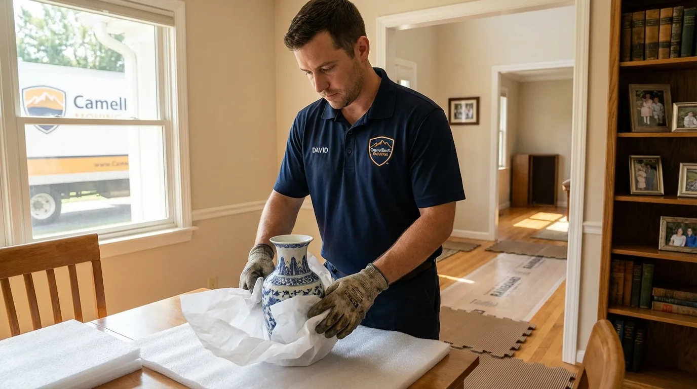 Professional crew carefully wrapping antique vase for senior downsizing move in Vandalia, OH